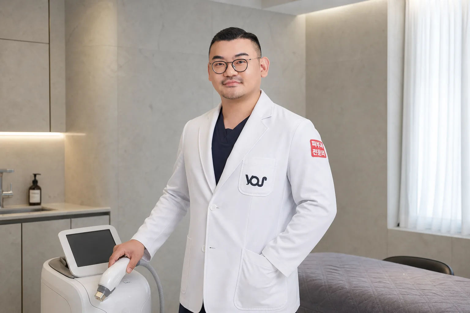 Dr. Hongseok Kim, board-certified dermatologist, standing next to a lifting device handpiece in the VOS treatment room, Gangnam