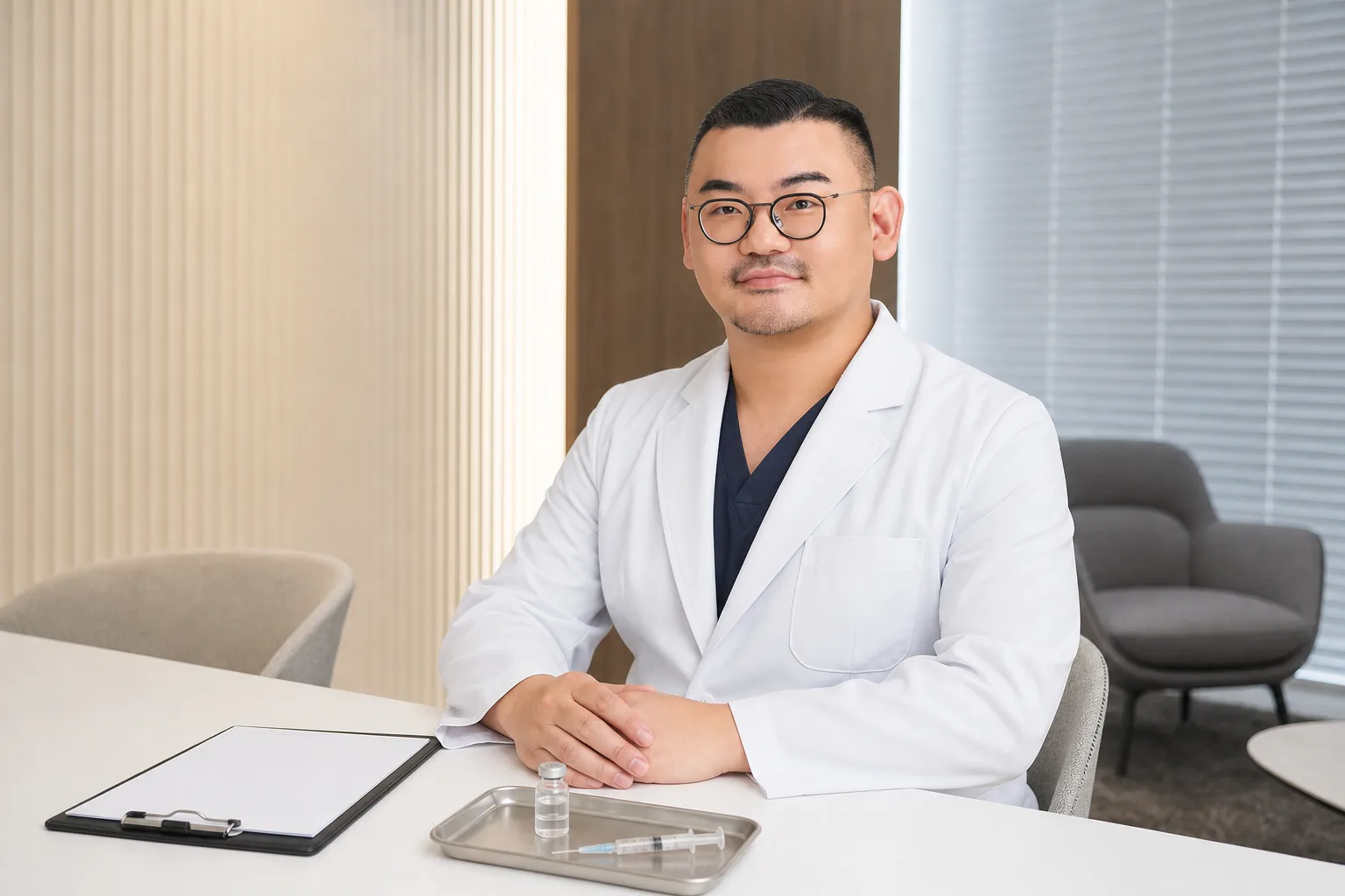 Dr. Hongseok Kim, board-certified dermatologist, seated with a vial and fine syringe in the VOS consultation room, Gangnam