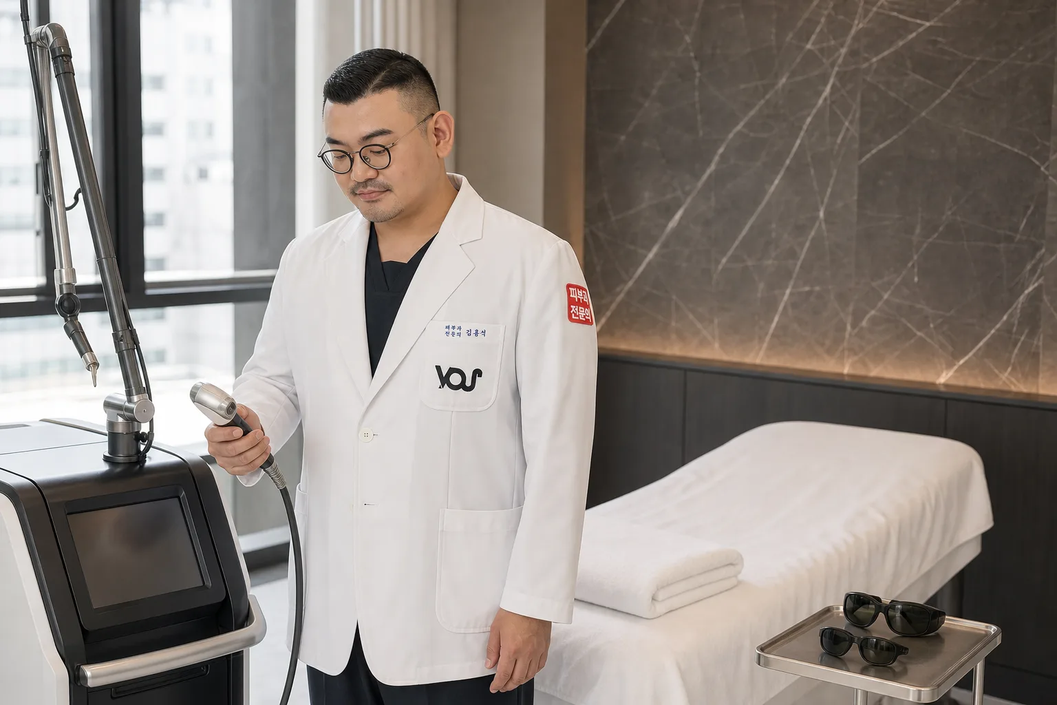 Dr. Hongseok Kim checking a laser handpiece beside the treatment bed and protective goggles in a VOS Dermatology treatment room, Gangnam
