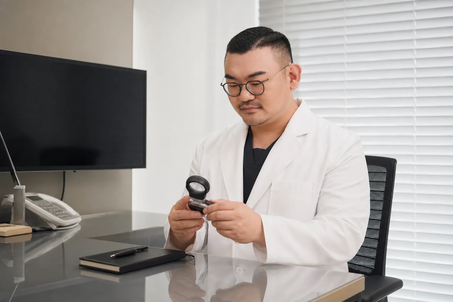Dr. Hongseok Kim at his consultation desk preparing a handheld dermatoscope for a close skin examination at VOS Dermatology, Gangnam
