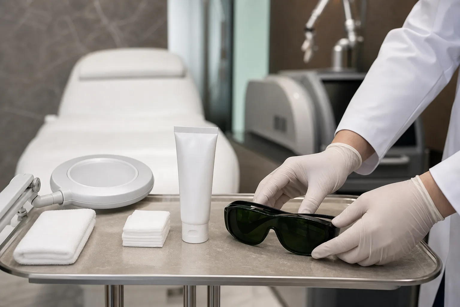 Gloved hands setting protective laser goggles on a tray with gauze, a towel and an unlabeled sunscreen tube in a VOS Dermatology treatment room