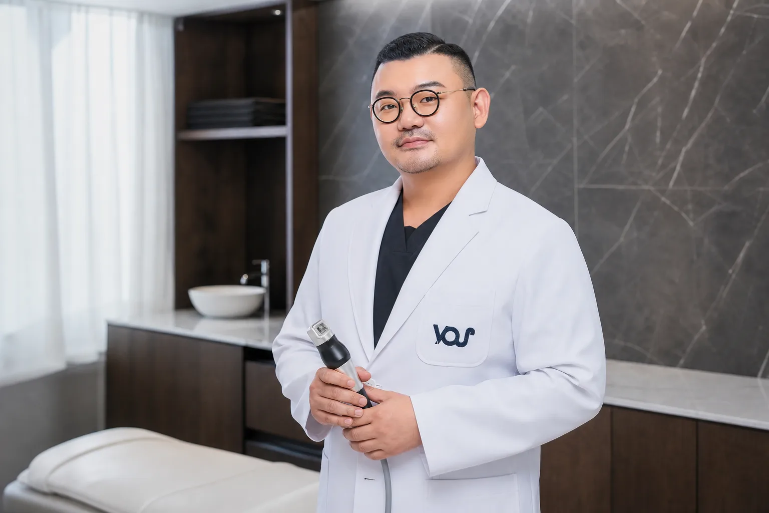 Dr. Hongseok Kim, board-certified dermatologist, holding a microneedling handpiece in the VOS treatment room, Gangnam