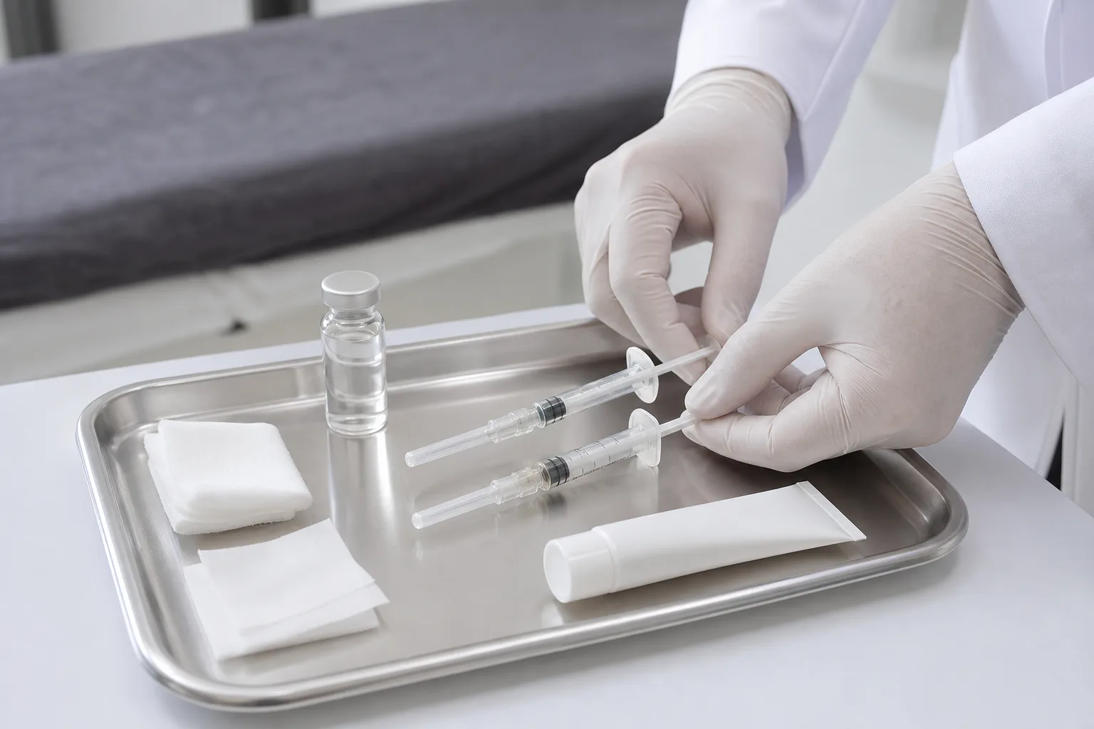 Gloved hands arranging skin booster syringes, a vial, gauze and a plain sunscreen tube on a tray at VOS Dermatology Clinic, Gangnam Seoul