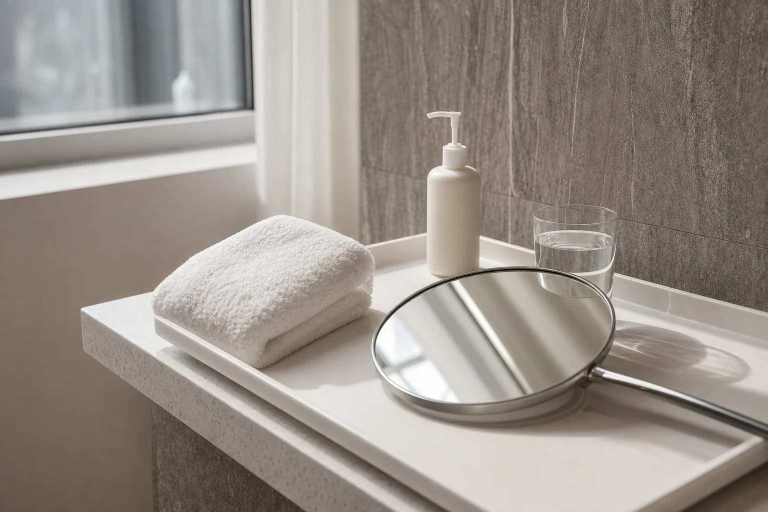 Hand mirror, folded towel, plain pump bottle and a glass of water on a tray by the window in a VOS Dermatology treatment room