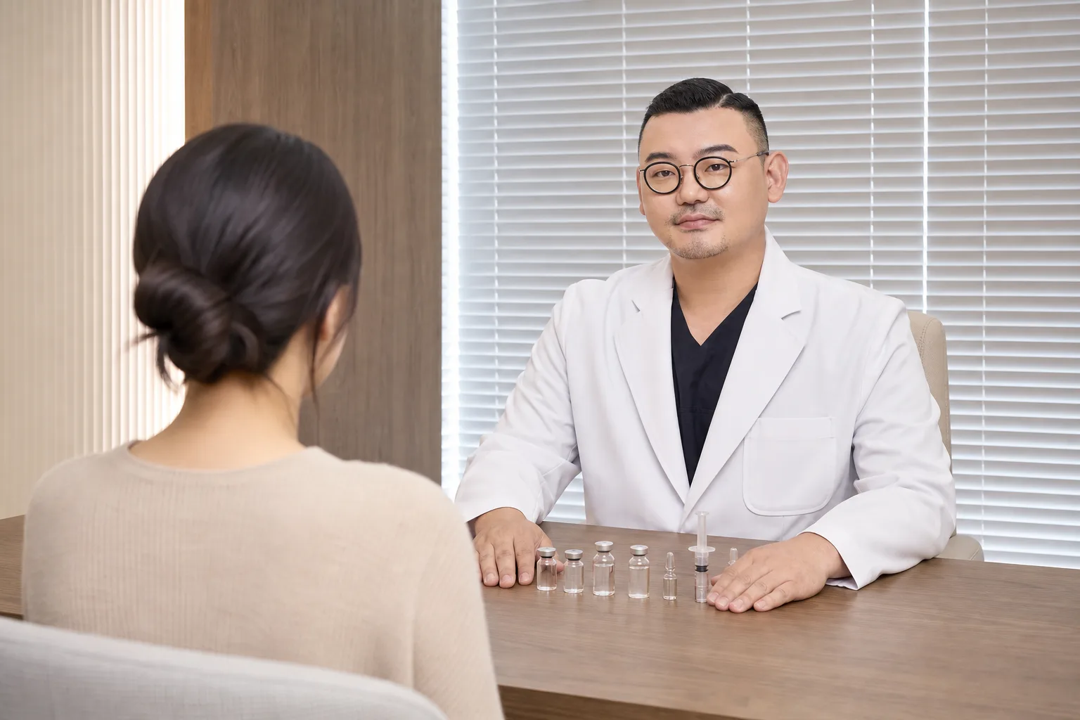 Dr. Hongseok Kim at his consultation desk with several skin booster vials lined up, talking with a patient at VOS Dermatology, Gangnam