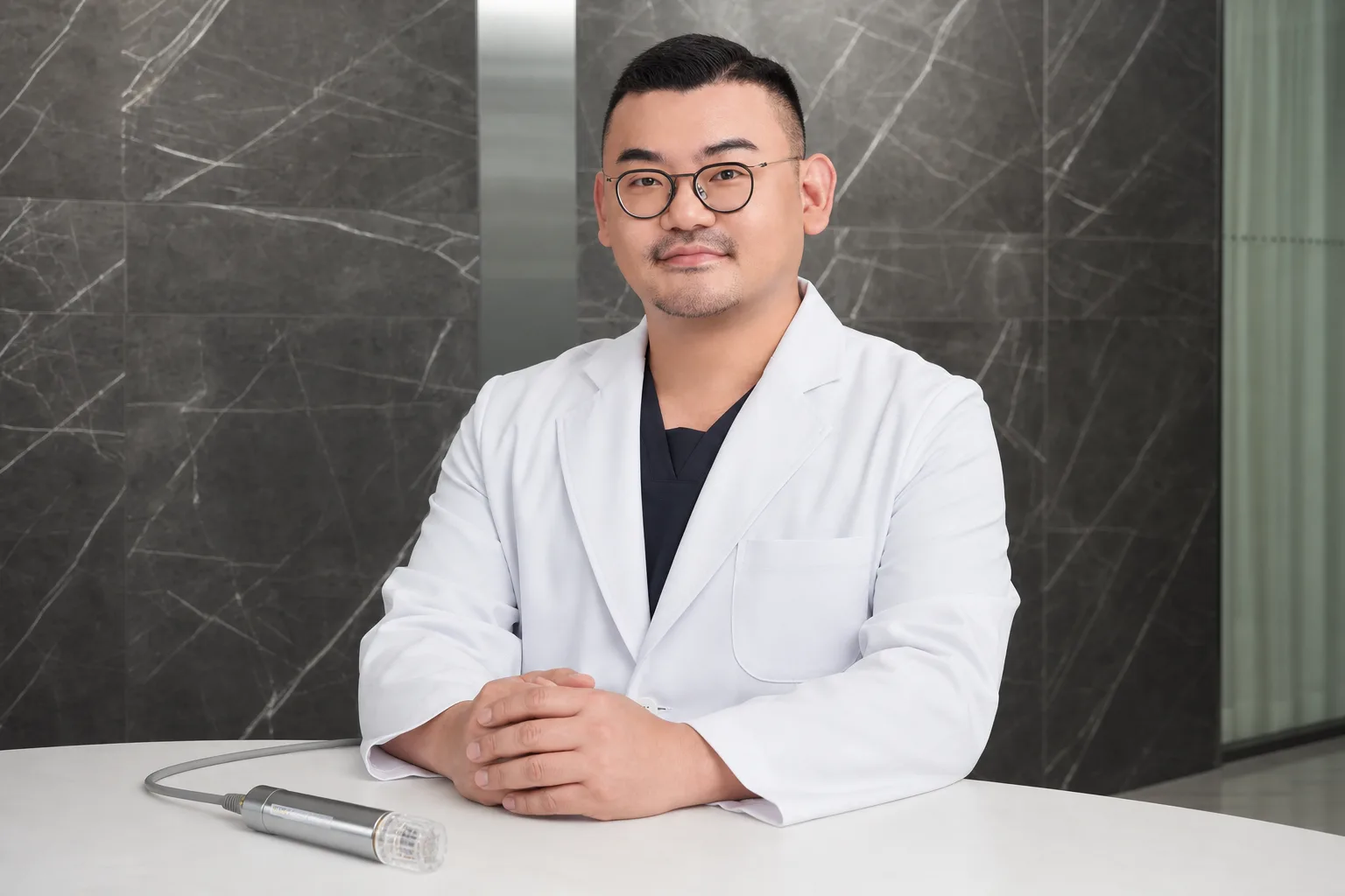 Dr. Hongseok Kim, board-certified dermatologist, seated with a microneedling handpiece in the VOS treatment room, Gangnam
