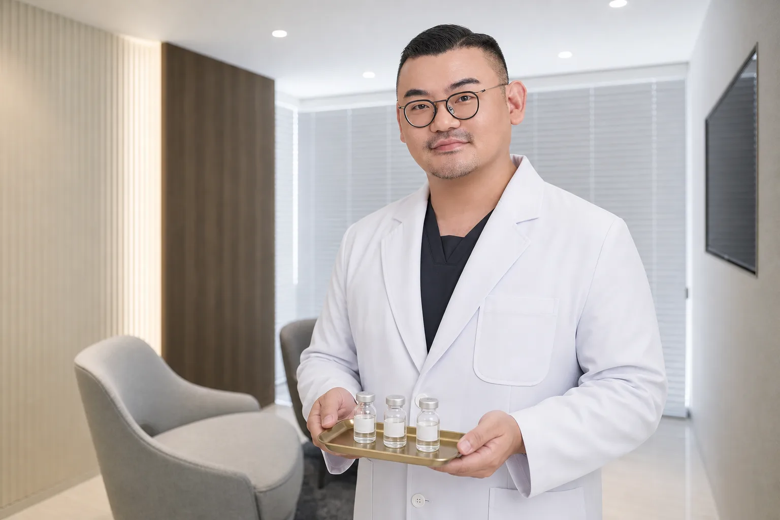 Dr. Hongseok Kim, board-certified dermatologist, holding skin-booster vials in the VOS consultation room, Gangnam