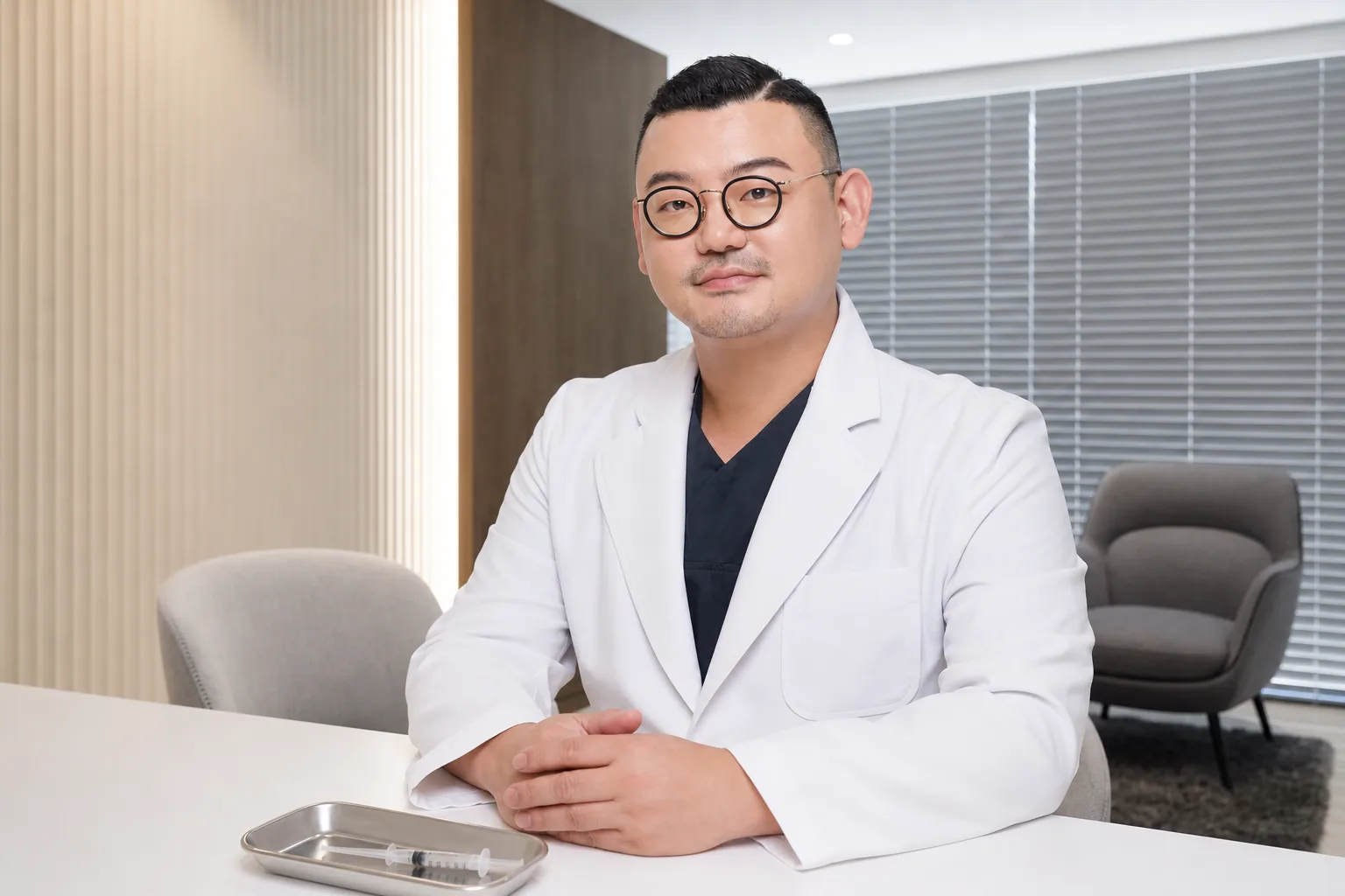 Dr. Hongseok Kim, board-certified dermatologist, seated with a filler syringe in the VOS consultation room, Gangnam