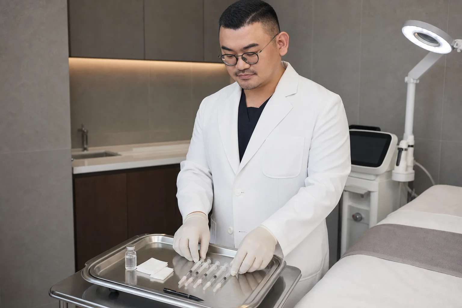Dr. Hongseok Kim preparing syringes for trapezius slimming injection beside a treatment bed at VOS Dermatology Clinic, Gangnam Seoul