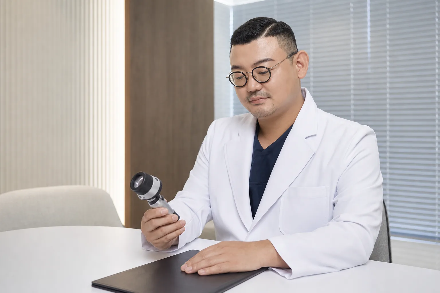 Dr. Hongseok Kim holding a dermatoscope at his consultation desk at VOS Dermatology, Gangnam, Seoul