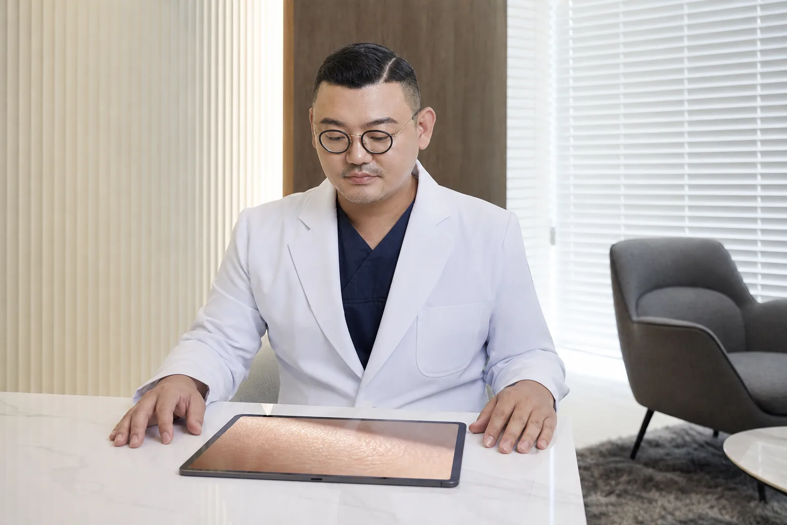 Dr. Hongseok Kim reviewing a magnified skin-texture image on a tablet at his desk in the VOS Dermatology consultation room, Gangnam
