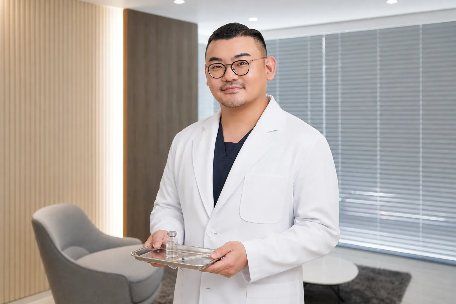 Dr. Hongseok Kim, board-certified dermatologist, holding a vial and fine syringe in the VOS consultation room, Gangnam