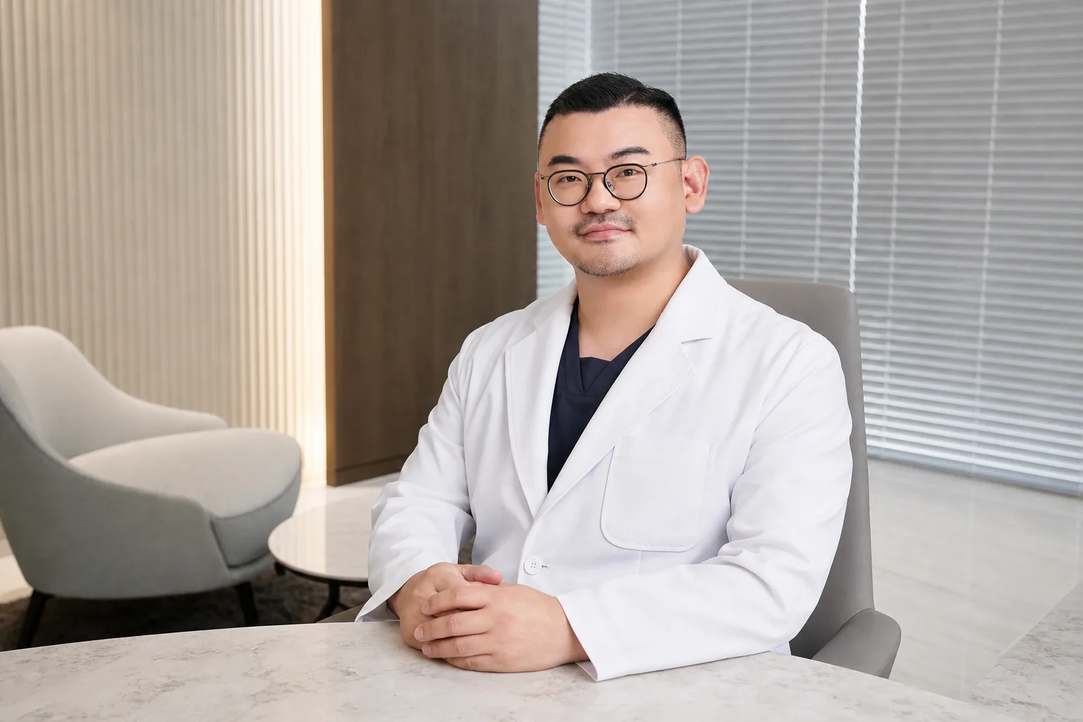 Dr. Hongseok Kim, board-certified dermatologist, at his consultation desk in the VOS consultation room, Gangnam