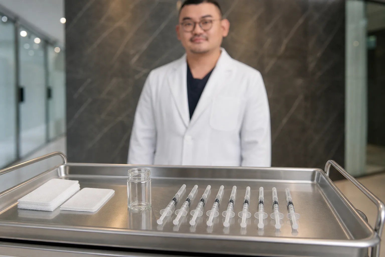 Fine short needles and a small vial prepared for skin smoothing injection on a sterile tray at VOS Dermatology Clinic, Gangnam Seoul