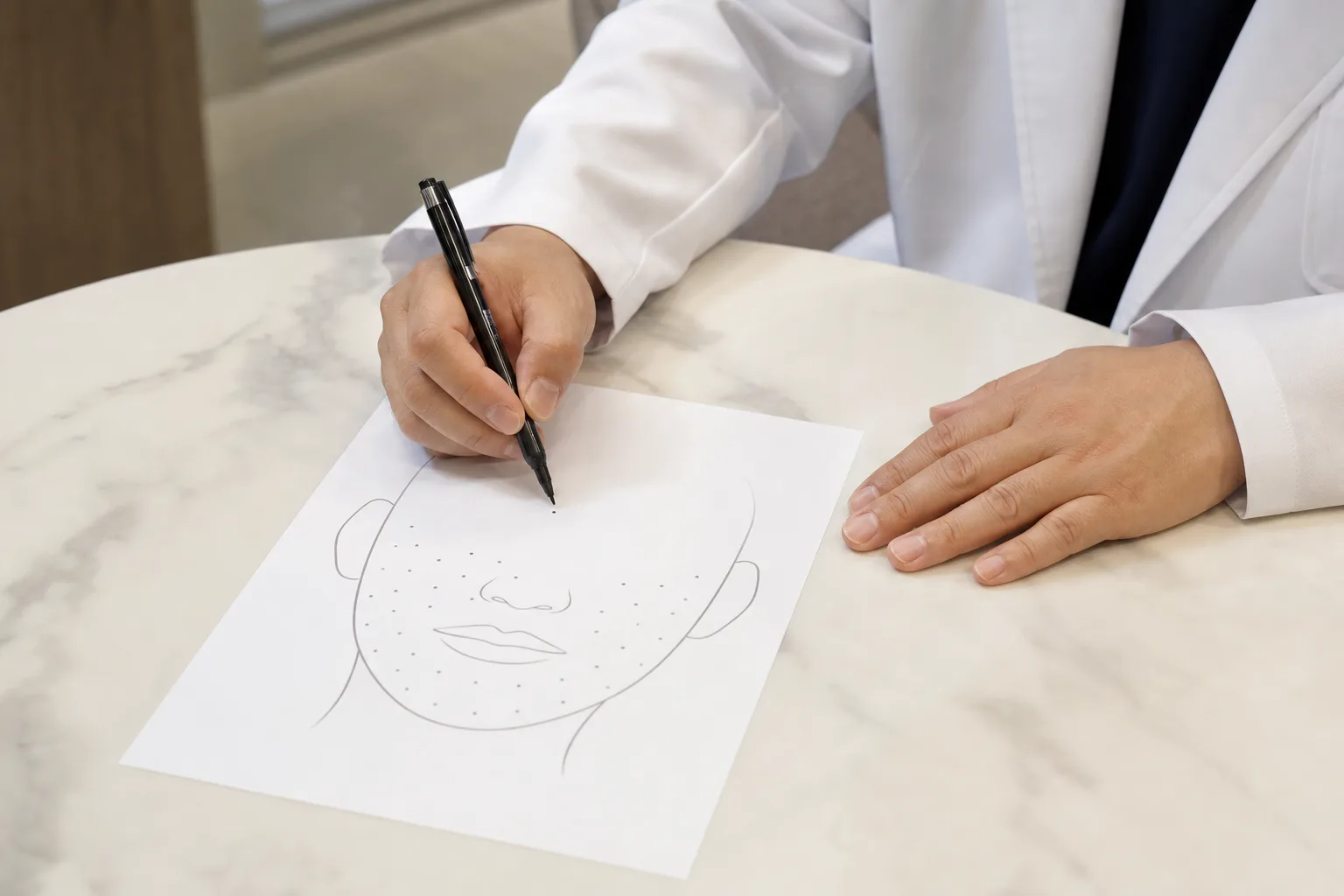Dr. Hongseok Kim mapping evenly spaced skin smoothing injection micro-injection points on a face outline at VOS Dermatology, Gangnam