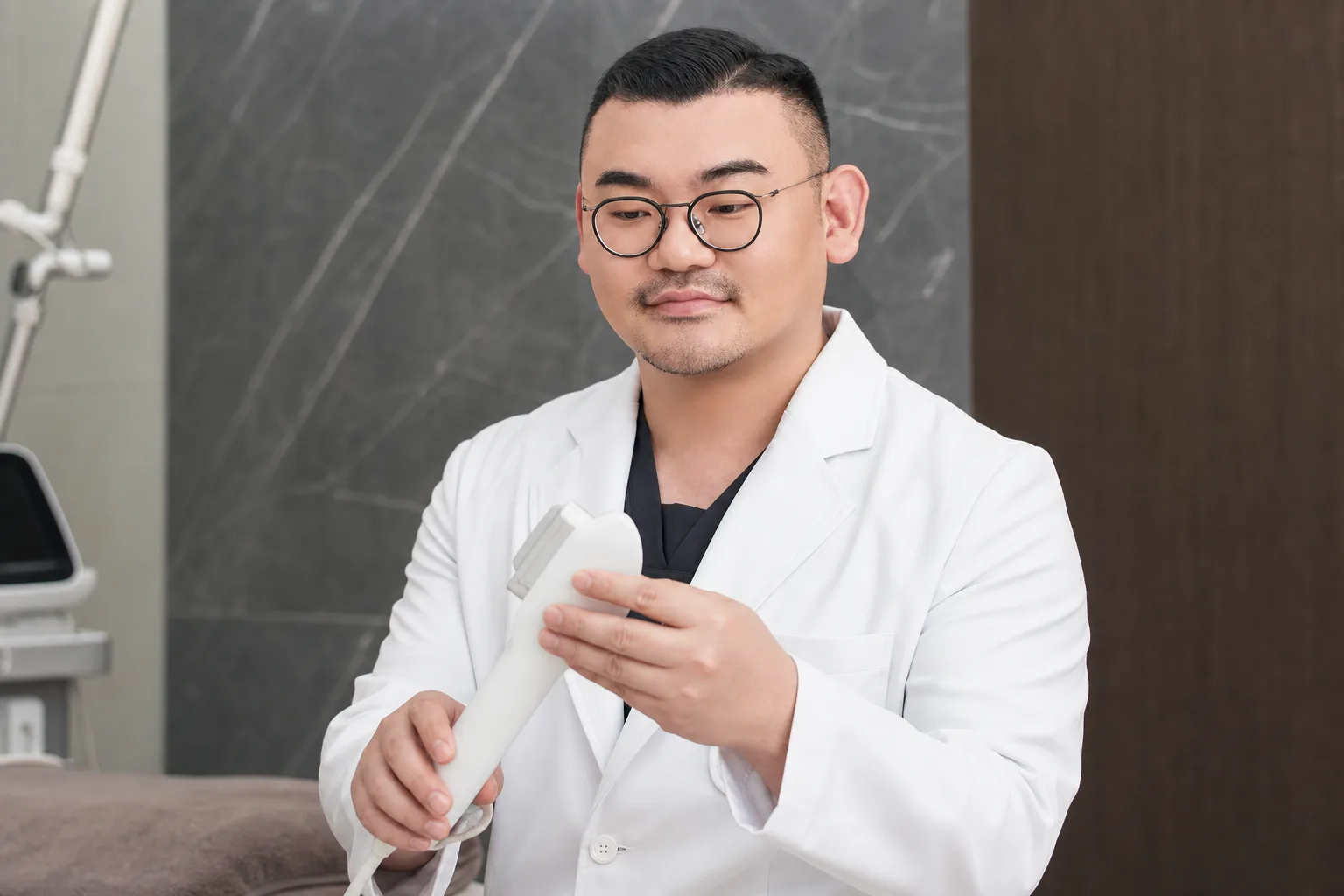 Dr. Hongseok Kim, board-certified dermatologist, examining an ultrasound lifting handpiece in the VOS treatment room, Gangnam