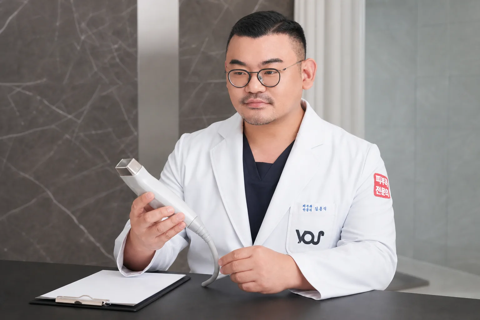 Dr. Hongseok Kim, board-certified dermatologist, examining a radiofrequency lifting handpiece in the VOS treatment room, Gangnam