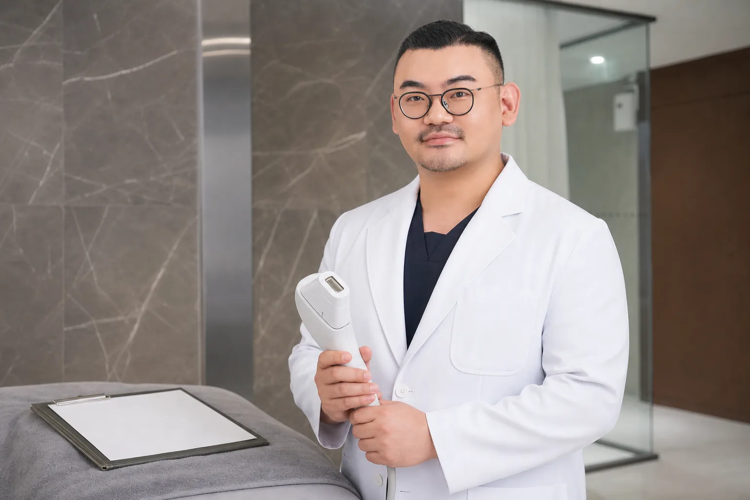 Dr. Hongseok Kim, board-certified dermatologist, holding a focused-ultrasound handpiece in the VOS treatment room, Gangnam
