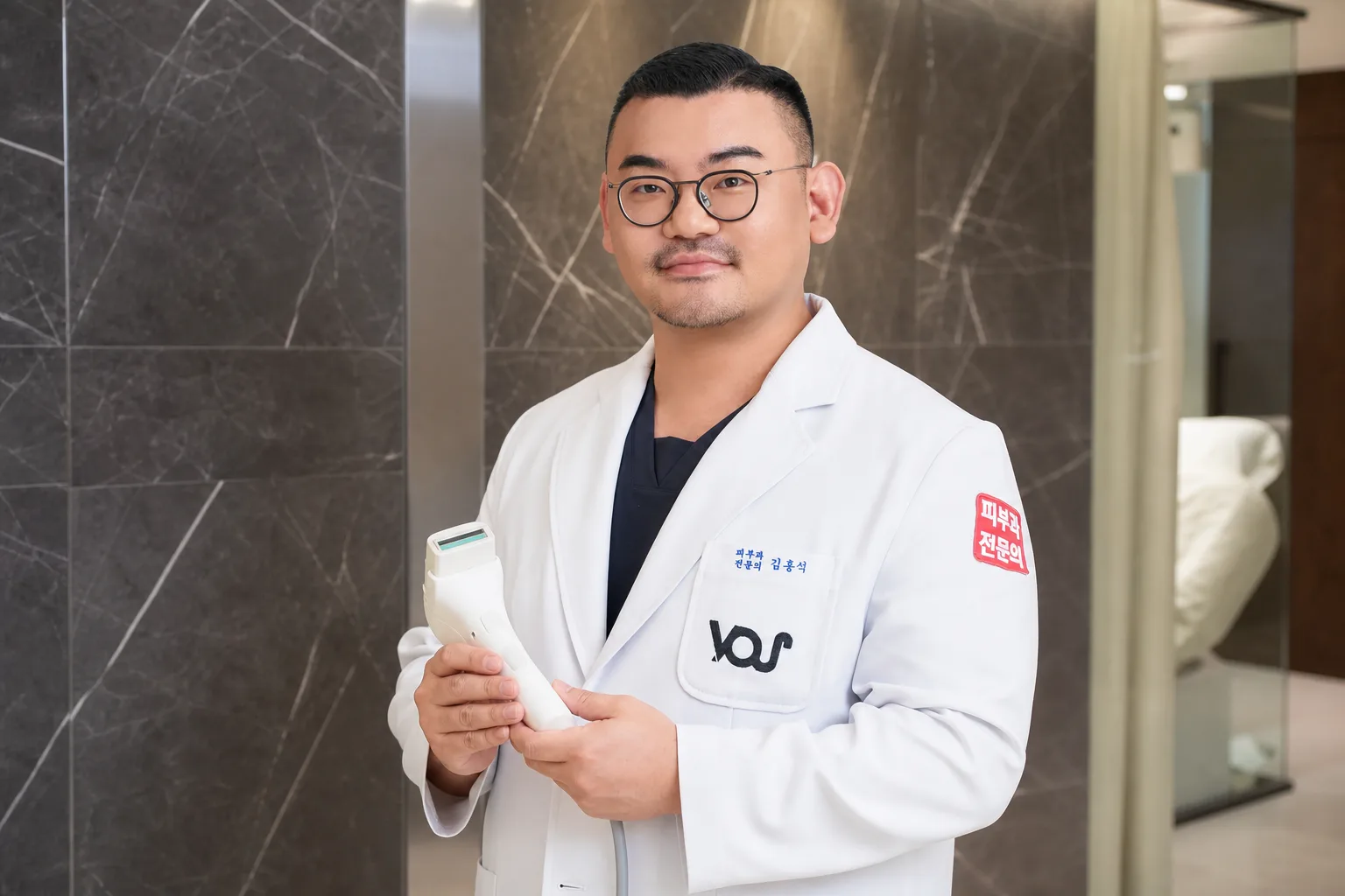 Dr. Hongseok Kim, board-certified dermatologist, holding a focused-ultrasound handpiece in the VOS treatment room, Gangnam