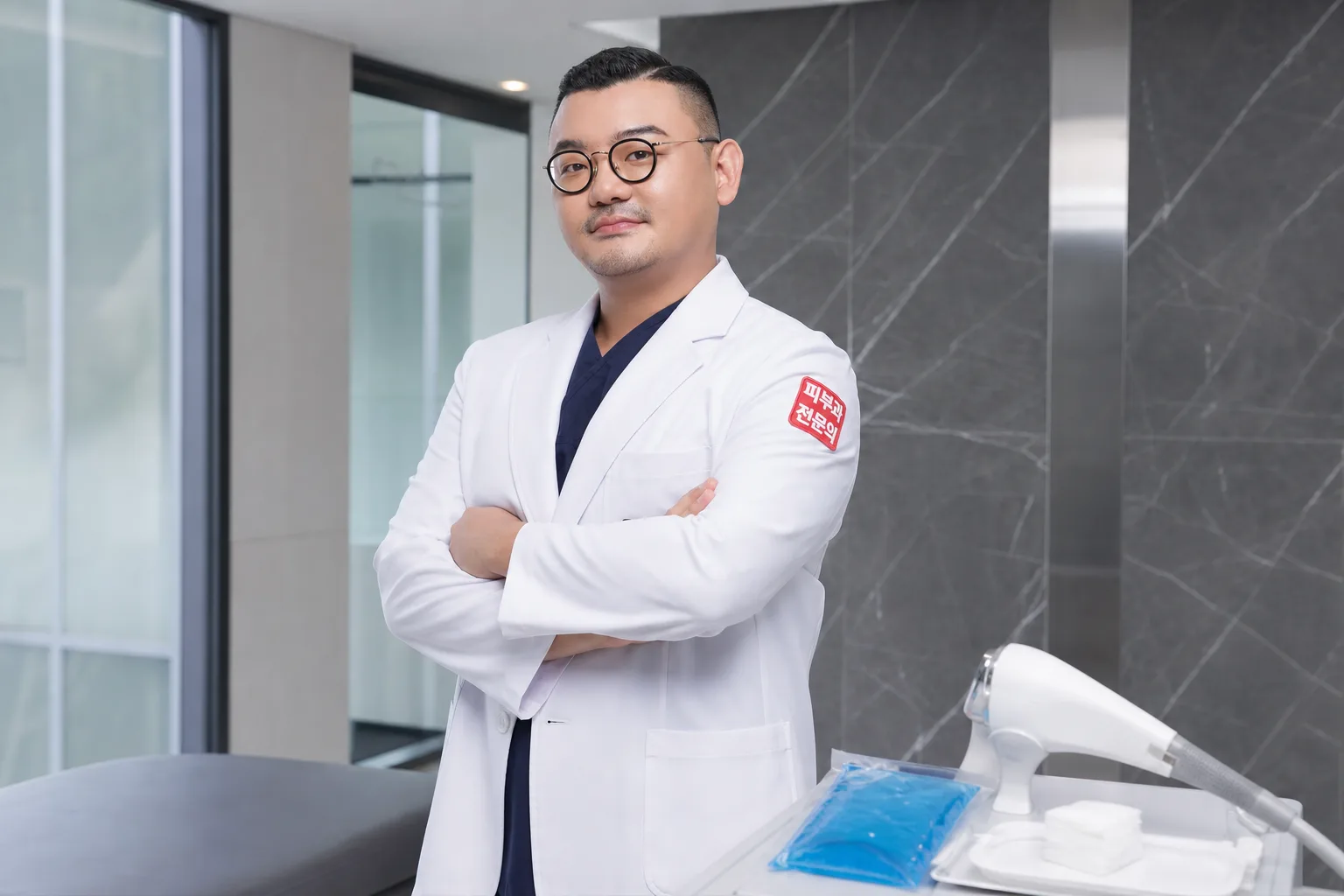 Dr. Hongseok Kim, board-certified dermatologist, standing beside a focused-ultrasound handpiece in the VOS treatment room, Gangnam
