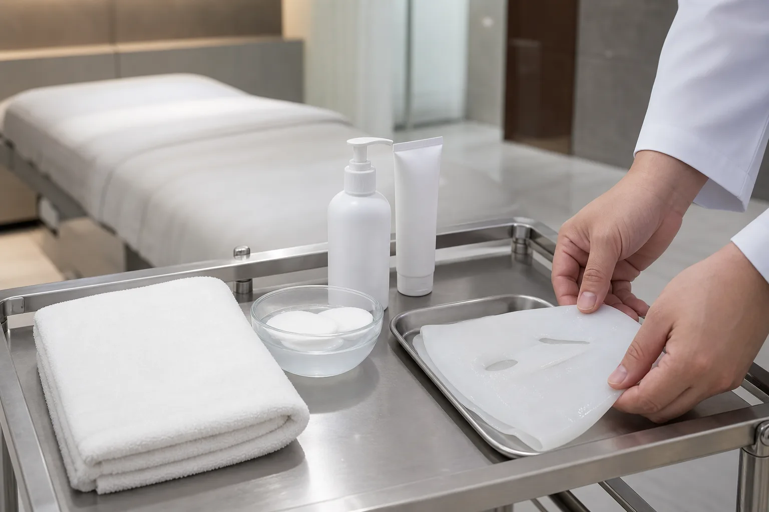 Treatment cart with a folded towel, cotton pads, unlabeled gentle skincare and a cooling sheet mask being prepared at VOS Dermatology, Gangnam