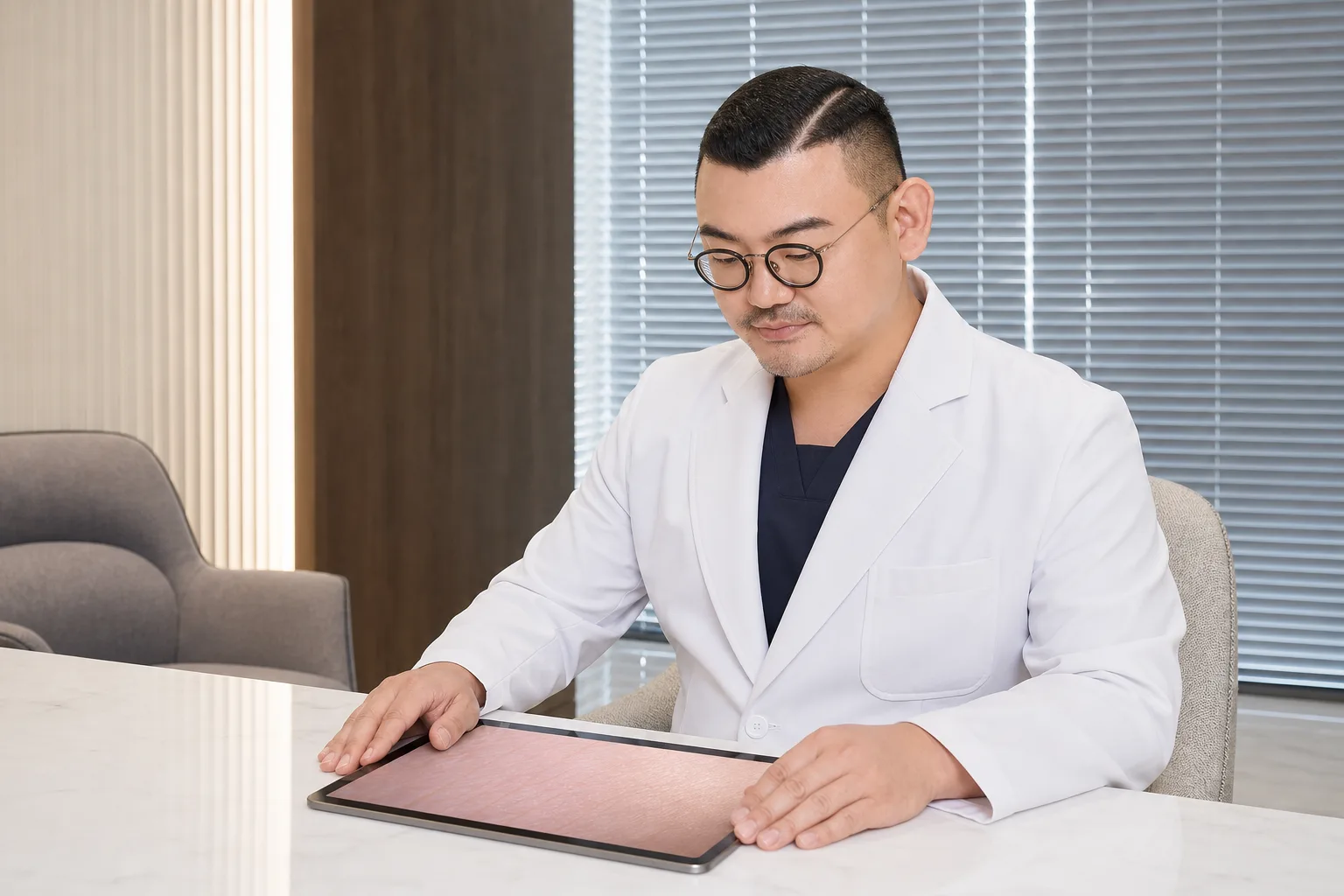 Dr. Hongseok Kim, board-certified dermatologist, looking down at a tablet on the consultation desk at VOS Dermatology, Gangnam