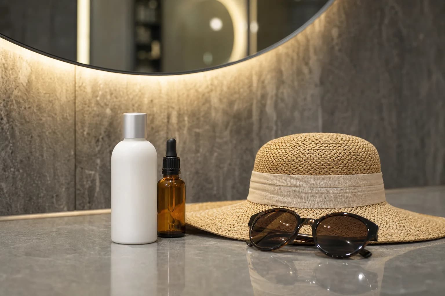 A plain white bottle and a dropper bottle beside a straw sun hat and sunglasses on a counter in the powder room at VOS Dermatology, Gangnam