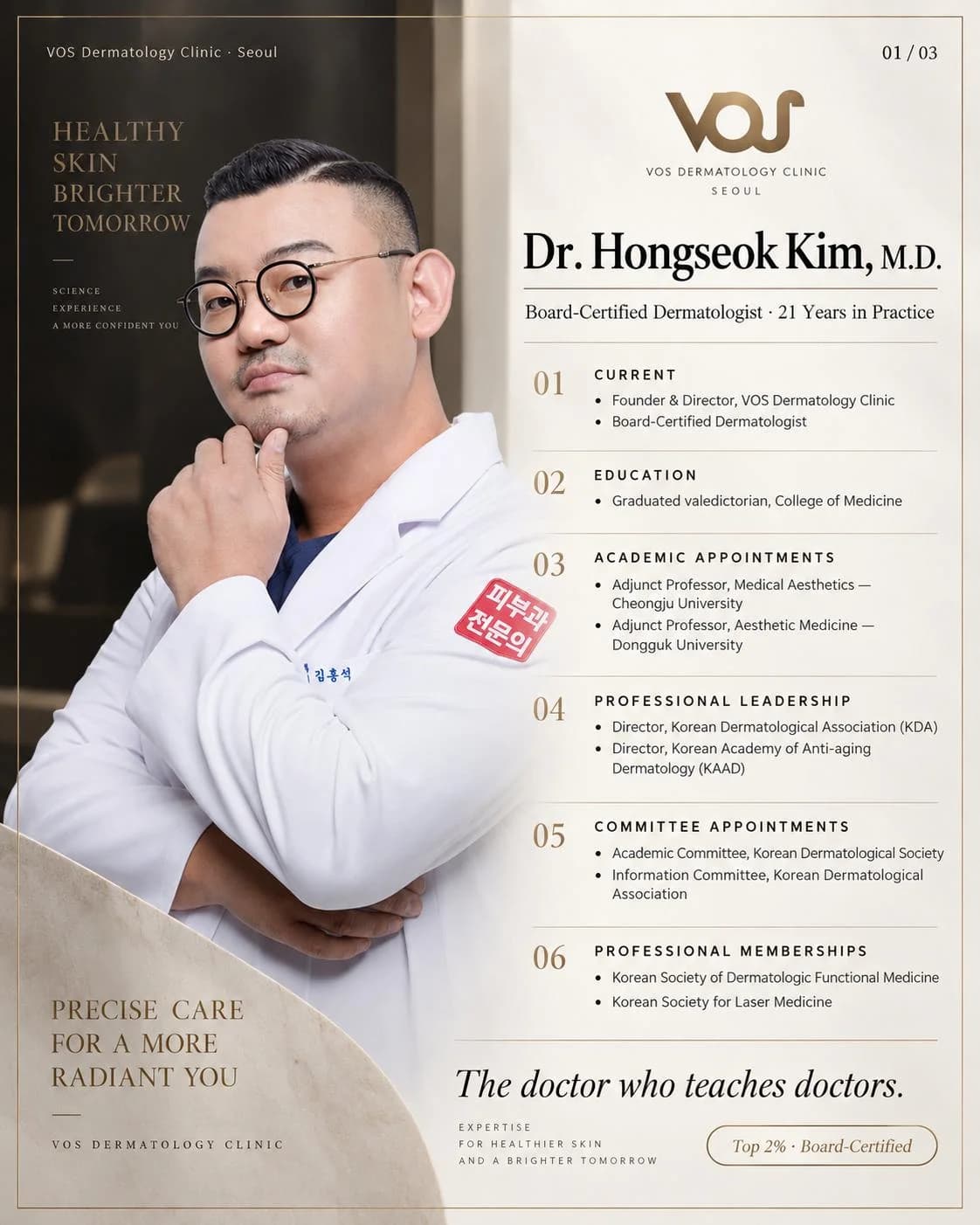 Dr. Hongseok Kim, M.D. — board-certified dermatologist with 21 years in practice; founder and director of VOS Dermatology Clinic, Seoul; adjunct professor at Cheongju University and Dongguk University; director of the Korean Dermatological Association and the Korean Academy of Anti-aging Dermatology